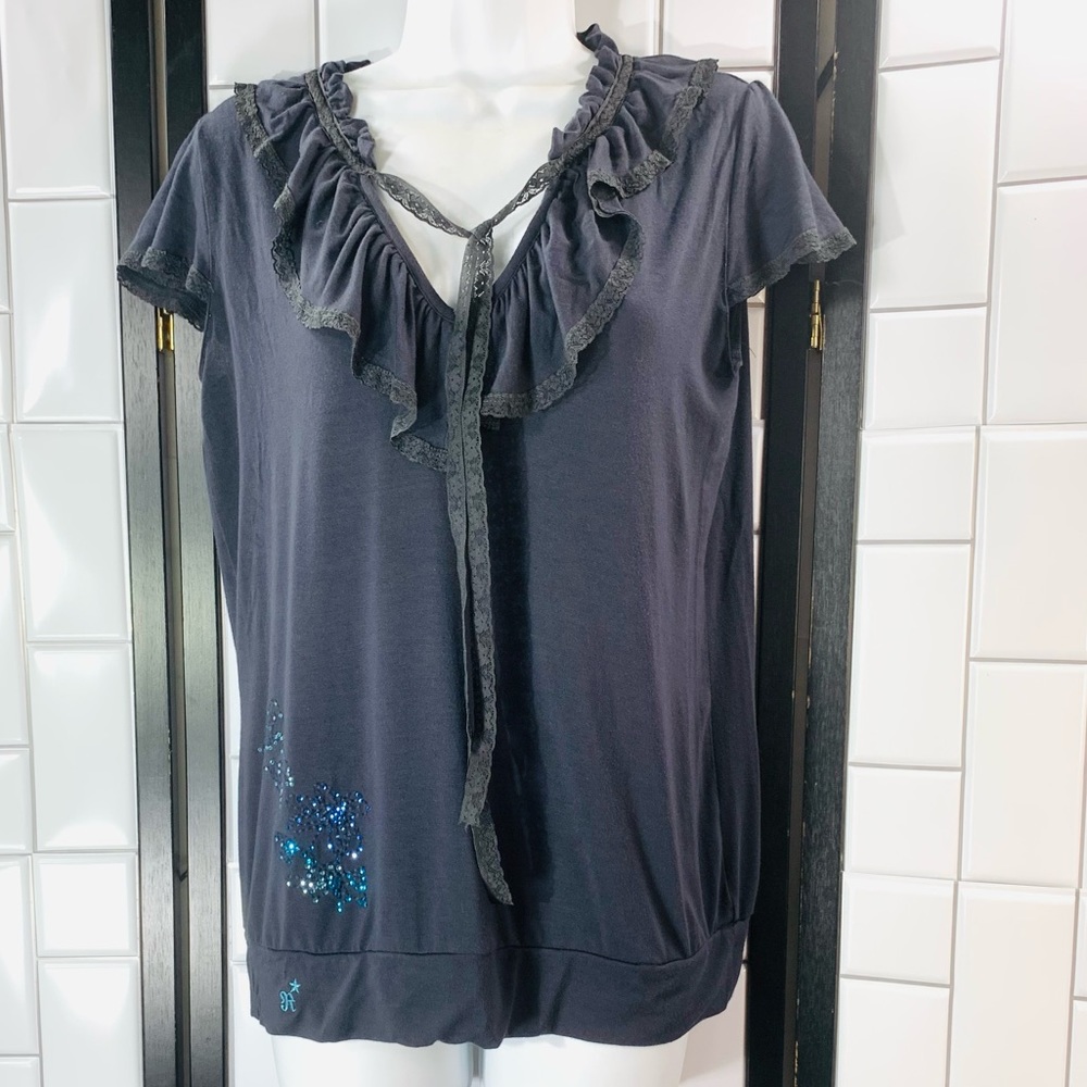REQUEST Ruffle Knit Gray Lace Short Sleeve Blouse